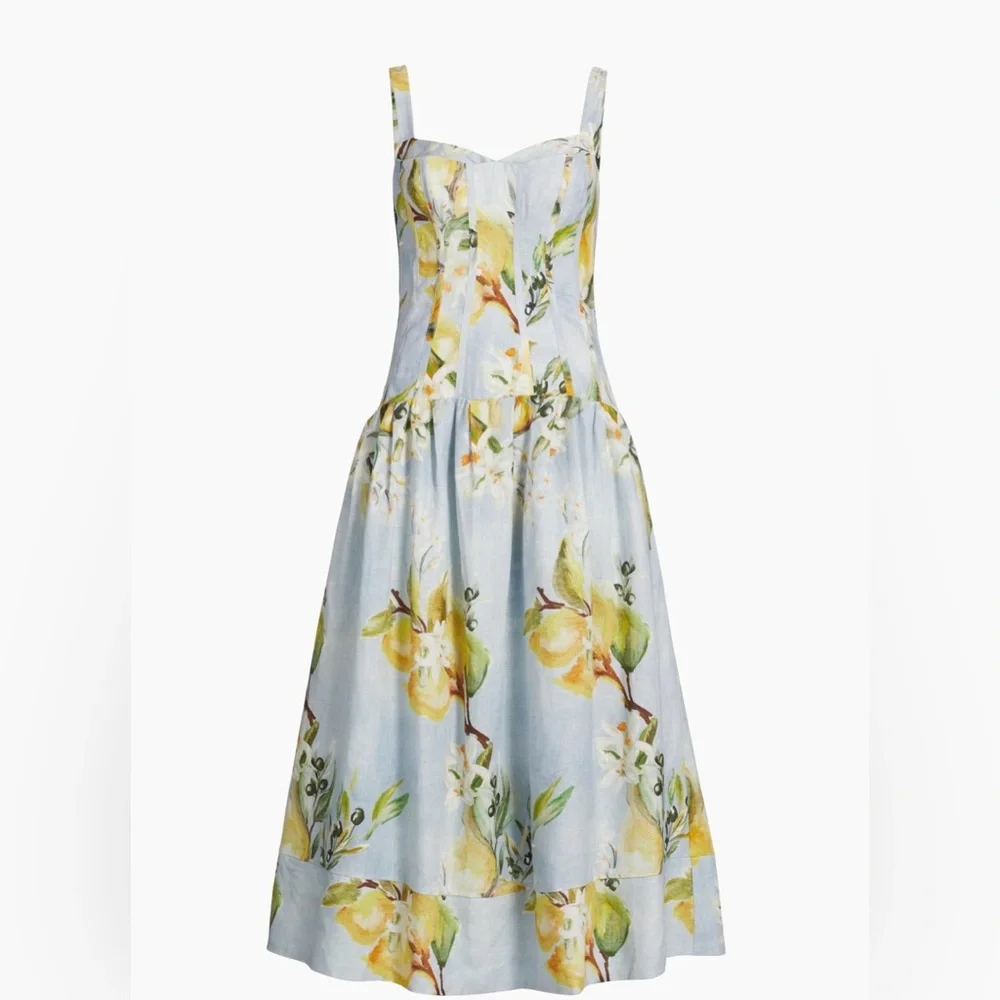 Nicholas - Makenna Floral Linen Drop Waste Midi Dress - Aniss Sky Lemon - Picture 1 of 6